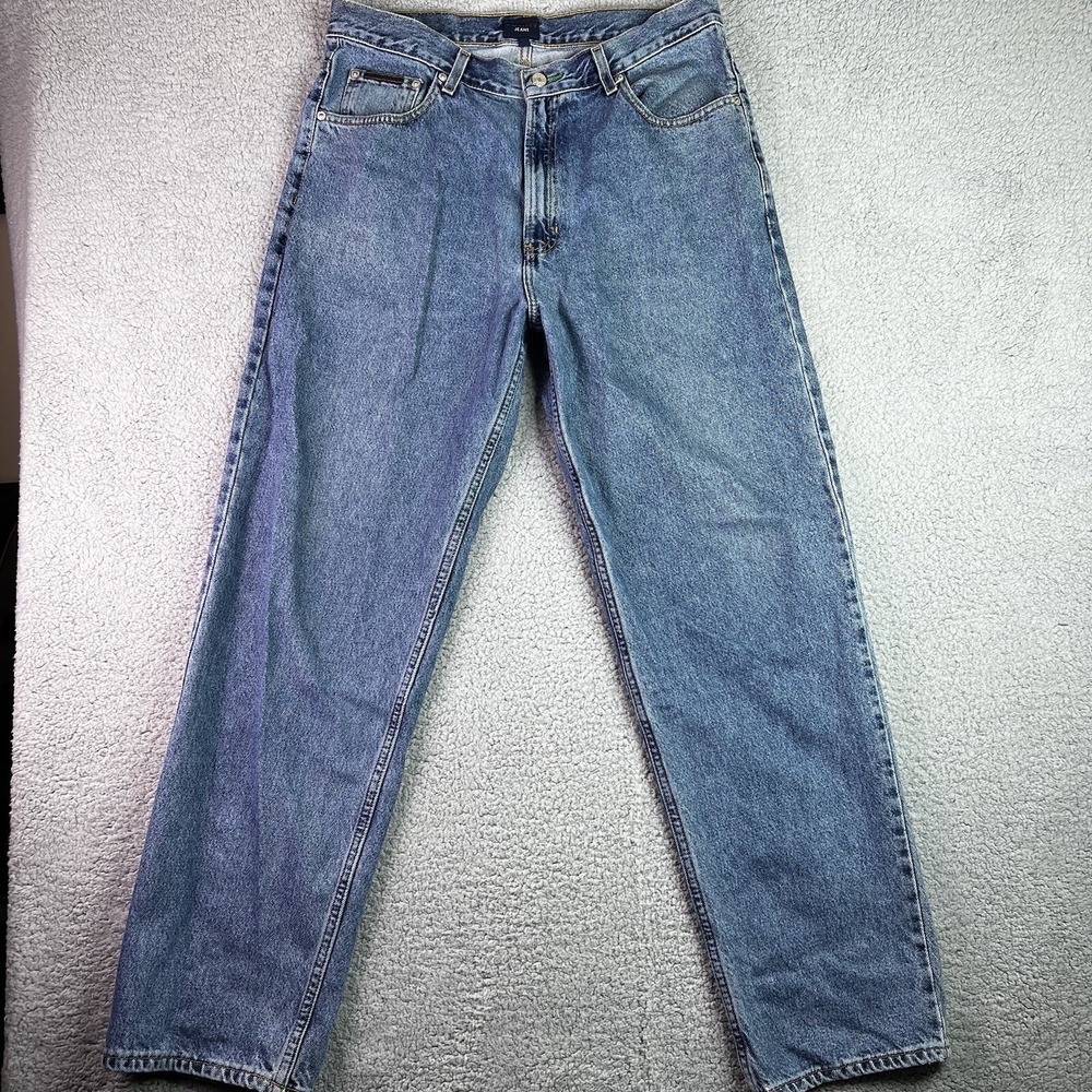 Vintage Tommy Hilfiger Jeans Mens 34x32 Big Flag Logo Light Wash Y2K Blue Denim